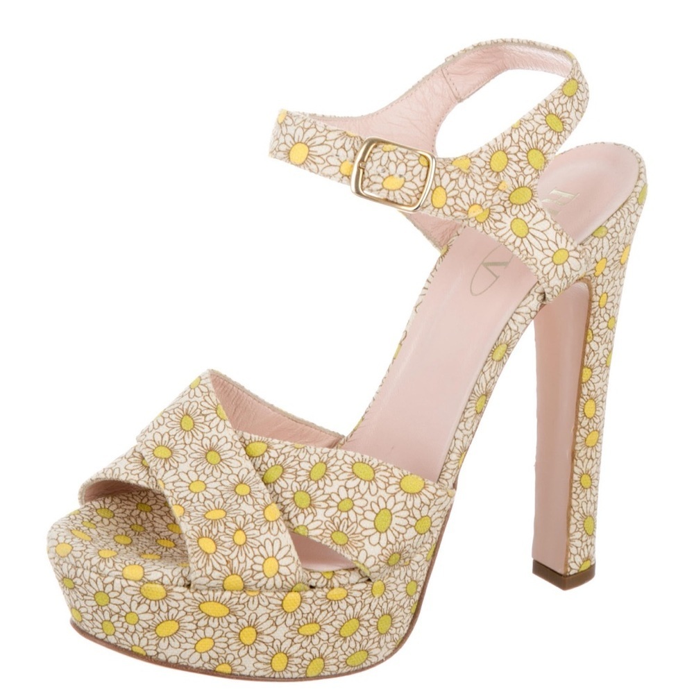 RED VALENTINO GARAVANI Yellow Sunflowers Floral Buckle Platform Heels 39.5 8.5